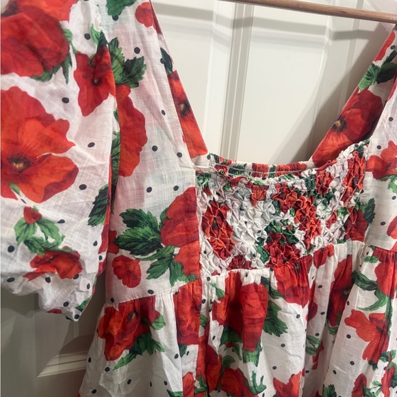 Great condition size M Maeve Red and White Floral Mini Dress. Babydoll. Smocked - Picture 7 of 16